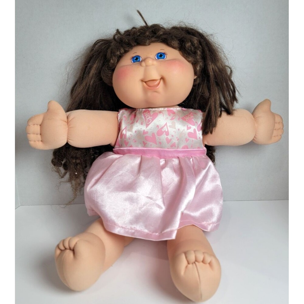 Cabbage Patch Kids Doll Xavier Roberts Signed Pink Dress Brown Yarn Hair 20”